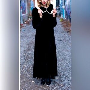 Stunning Black Velvet Opera Coat with Clamshell Collar Trimmed in Ermine Fur.